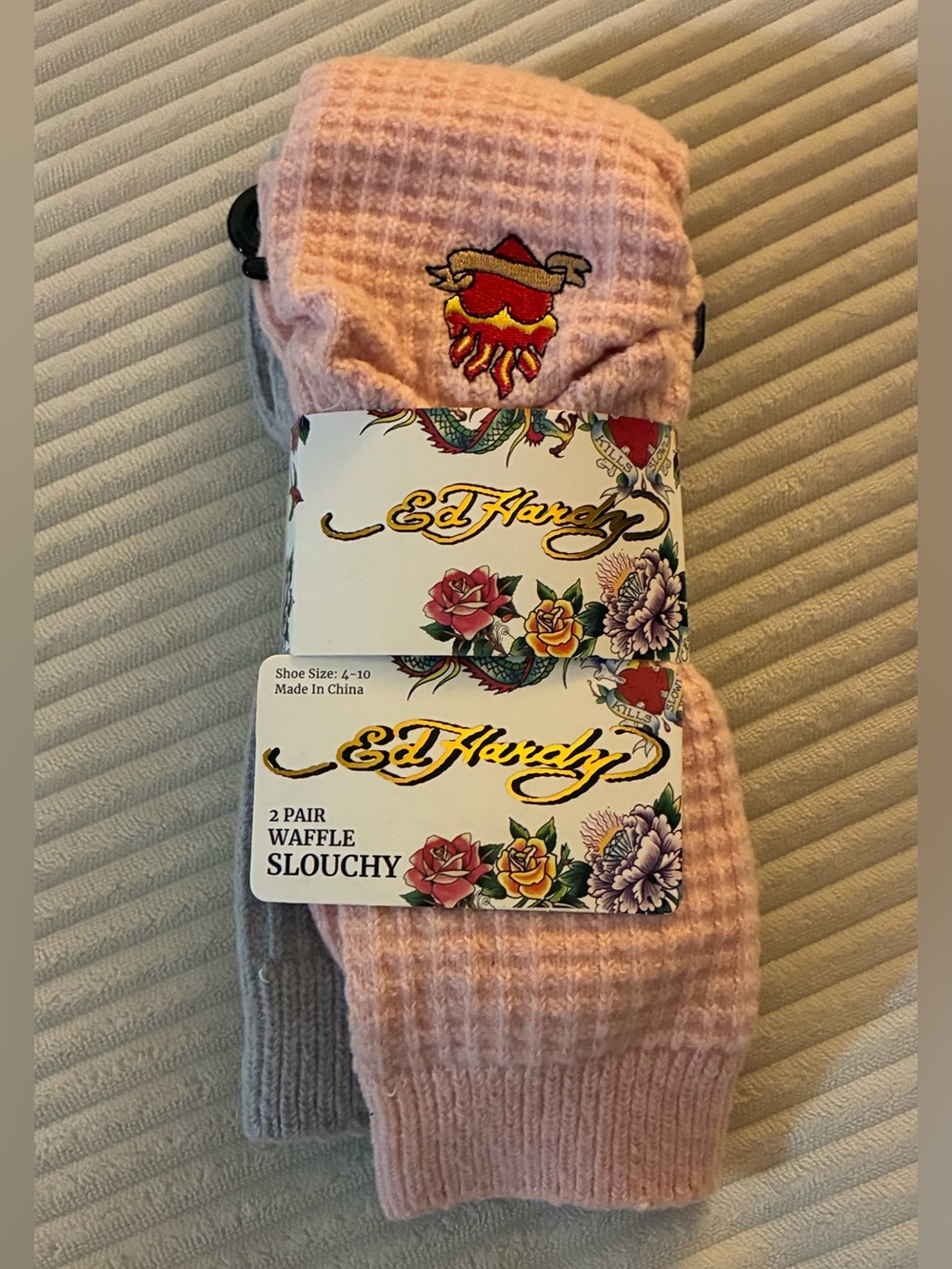 Ed Hardy Pink & Gray Waffle Slouchy Socks - 2 Pair